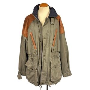 MENS Gant Winter Coat Two-Tone Khaki and Brown Leather Jacket Preppy Vintage